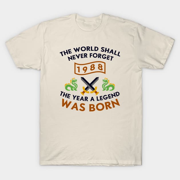 1988 The Year A Legend Was Born Dragons and Swords Design T-Shirt by Graograman